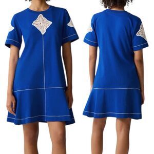 JIGSAW Crochet Short T Shirt Dress Cotton Blue Artisinal Luxury Resort Size XL